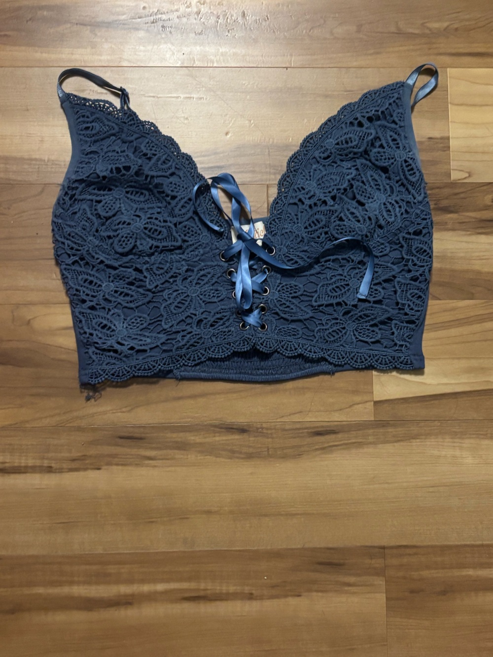 Listicle Navy Lace-Up Crochet Crop Bralette
